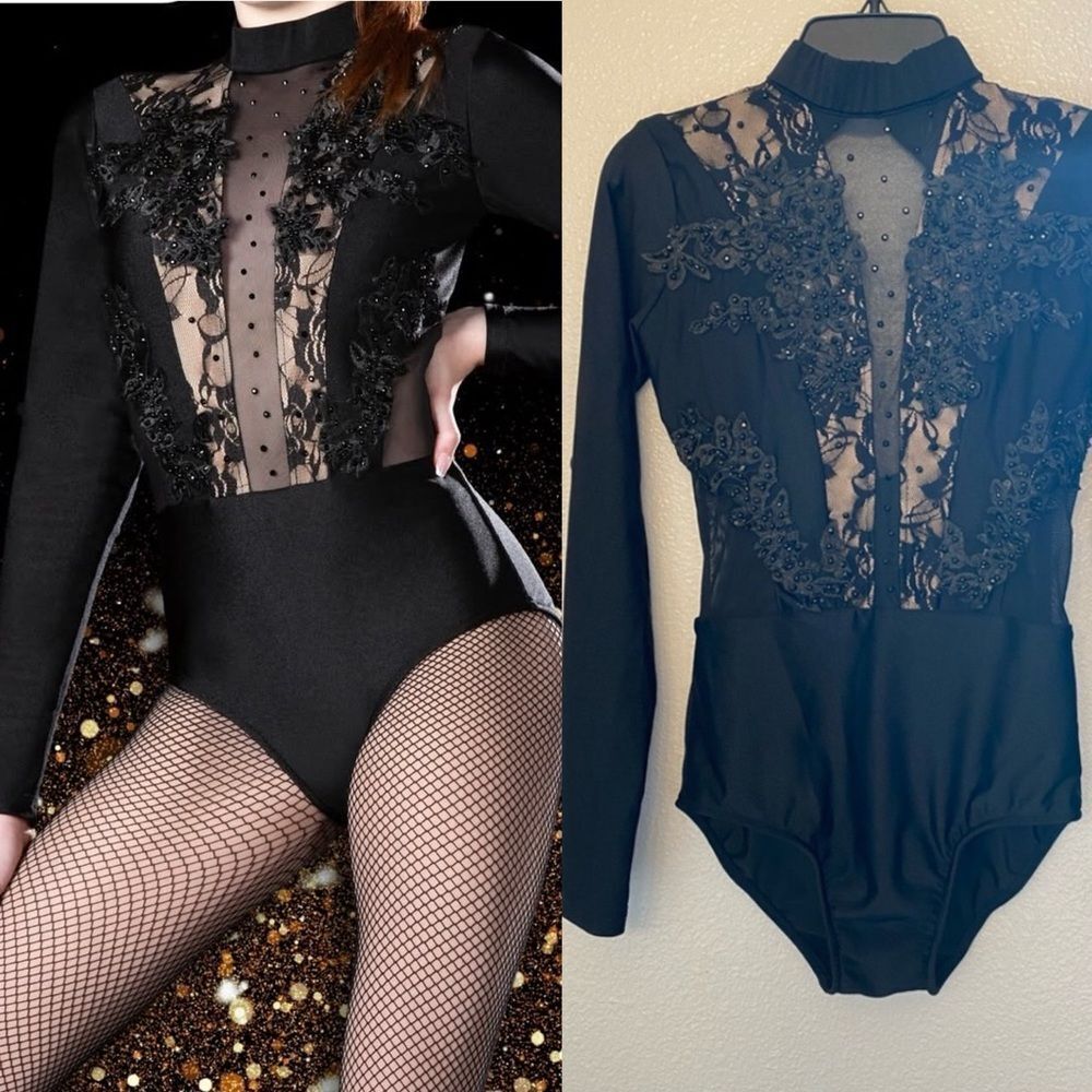 Glamour solo dance costume black lace illusion leotard SA-Small adult